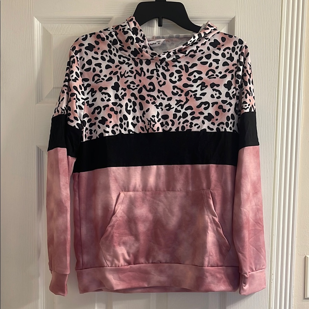 NWT PatPat Pink Leopard Print Pullover Hoodie Kangaroo Pocket Banded Wrist & Hem